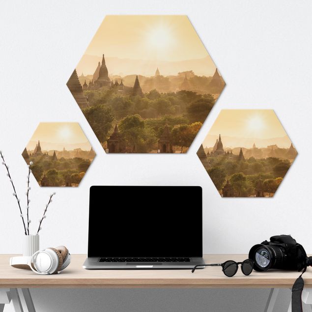 Hexagons Aluminium Dibond schilderijen Sun Setting Over Bagan