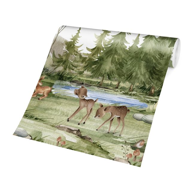 Fotobehang - Playing fawns on the river bank
