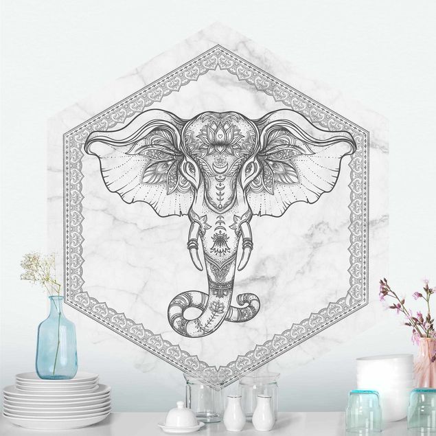 Hexagon Behang Spiritual Elephant In Marble Look