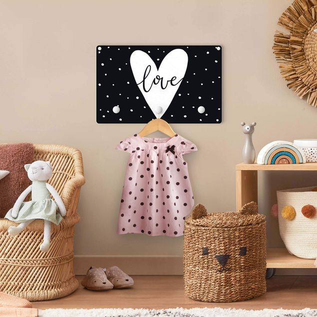 Wandkapstokken voor kinderen Text Love With Heart With Dots Black And White