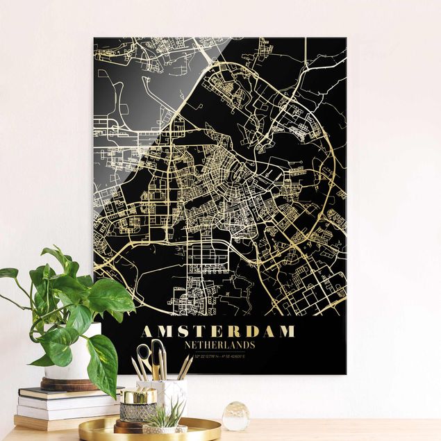 Glas Magnettafel Amsterdam City Map - Classic Black