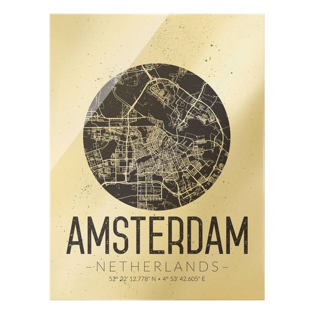 Glasschilderijen Amsterdam City Map - Retro