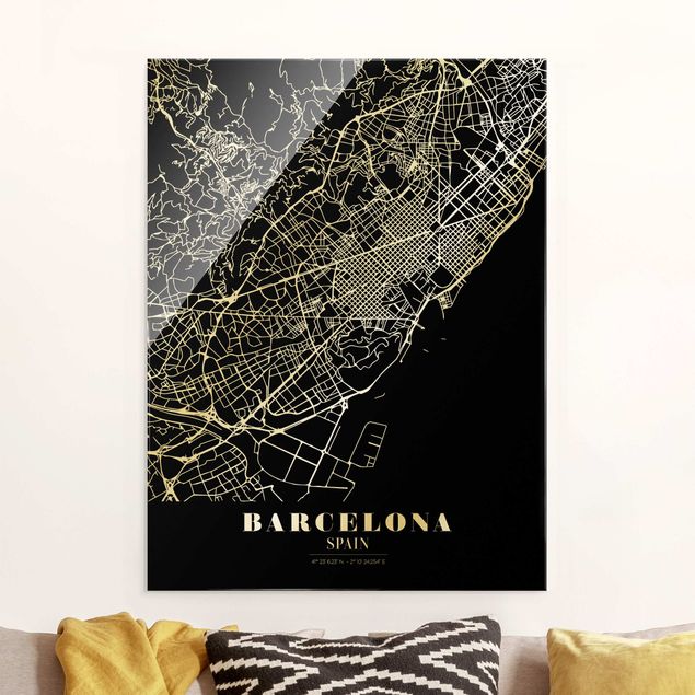 Glas Magnettafel Barcelona City Map - Classic Black