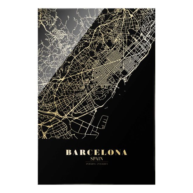 Glasschilderijen Barcelona City Map - Classic Black