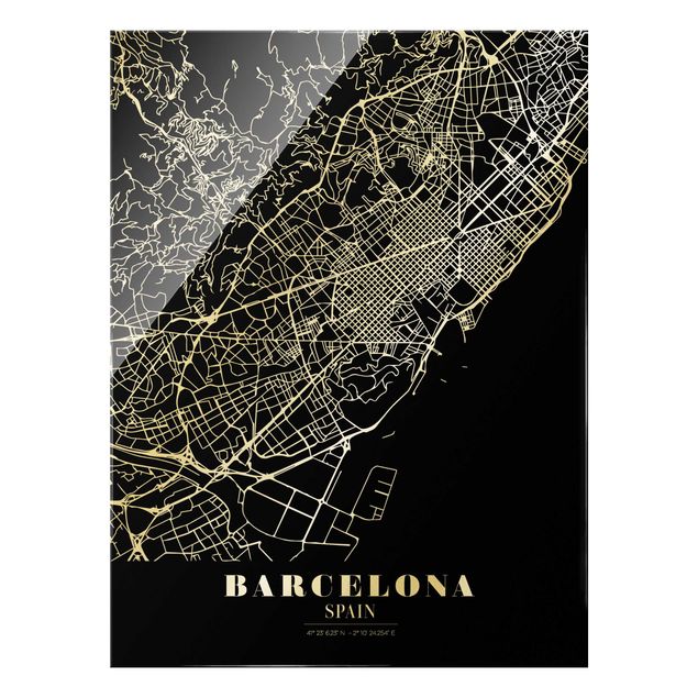 Glasschilderijen Barcelona City Map - Classic Black