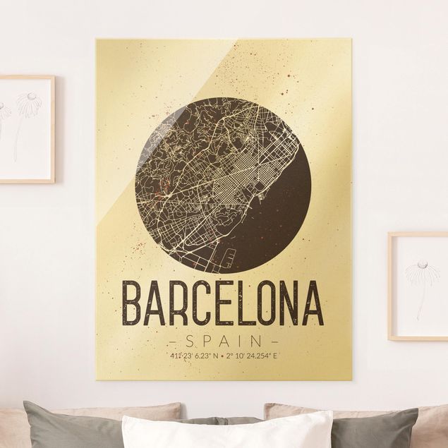 Glas Magnettafel Barcelona City Map - Retro