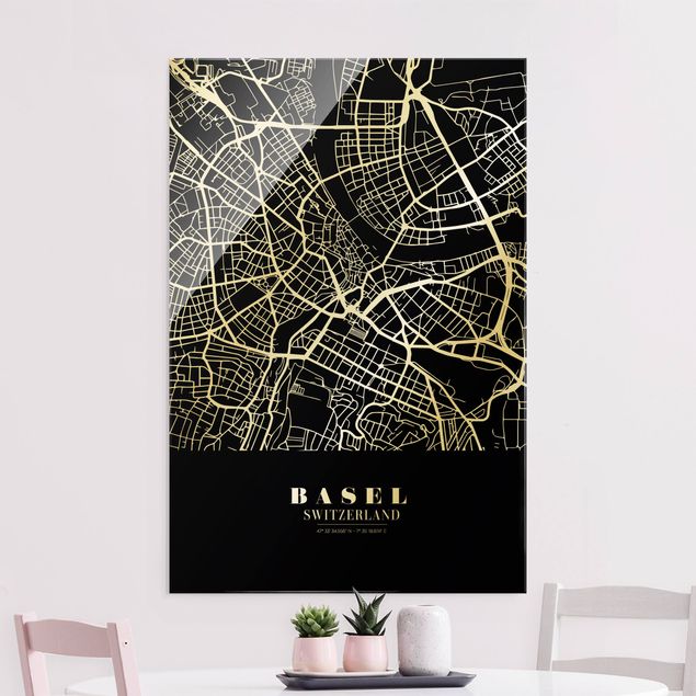 Magnettafel Glas Basel City Map - Classic Black