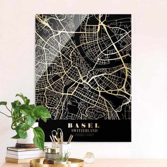 Magnettafel Glas Basel City Map - Classic Black