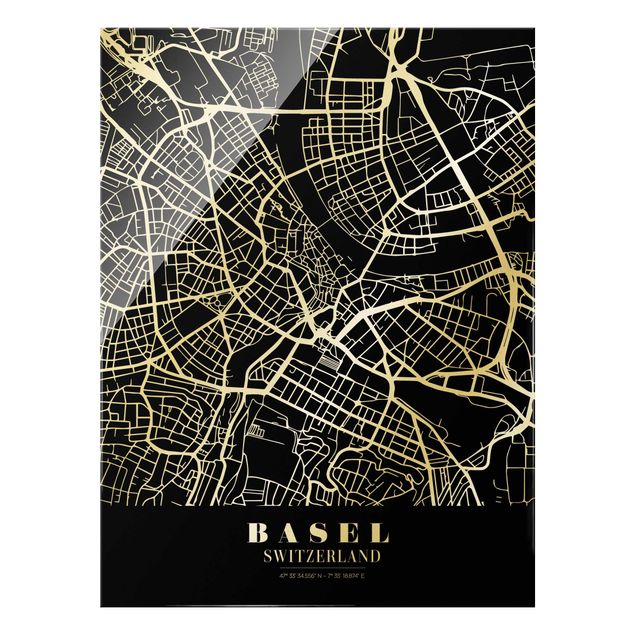 Glasschilderijen Basel City Map - Classic Black