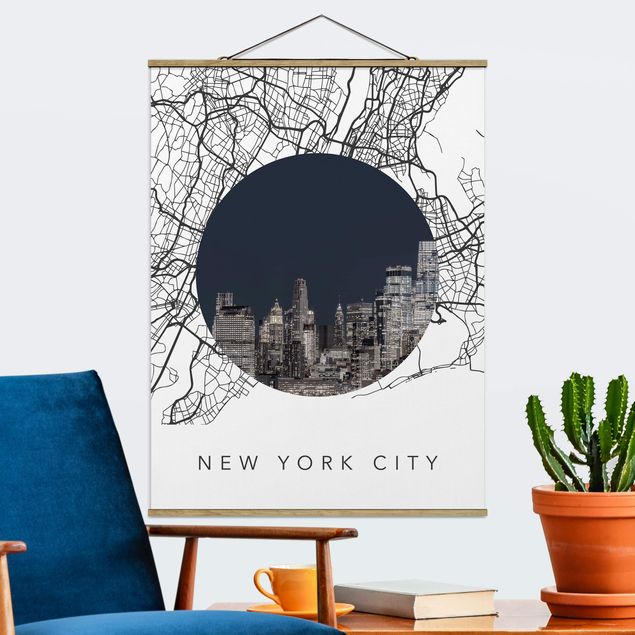 Stoffen schilderij met posterlijst Map Collage New York City
