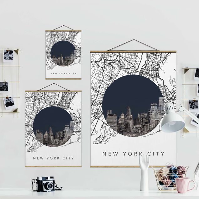 Stoffen schilderij met posterlijst Map Collage New York City