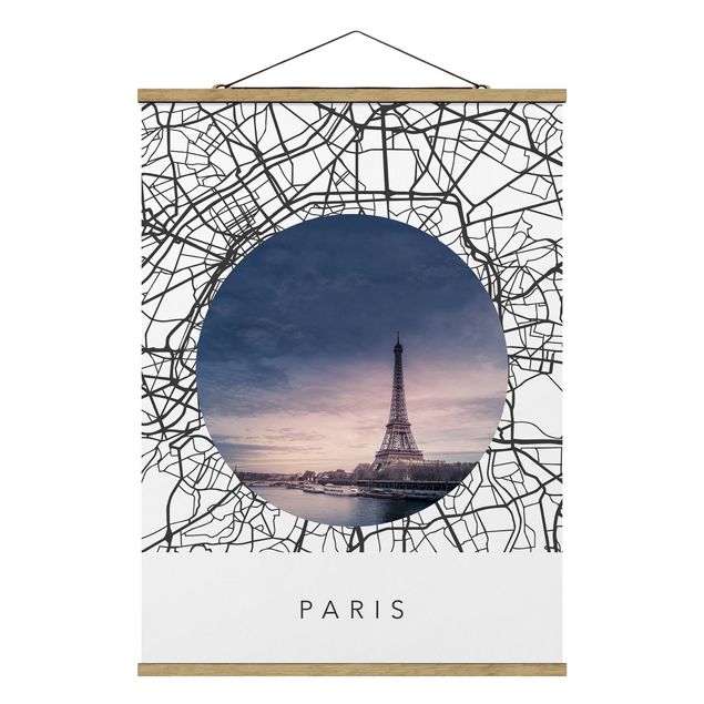 Stoffen schilderij met posterlijst Map Collage Paris