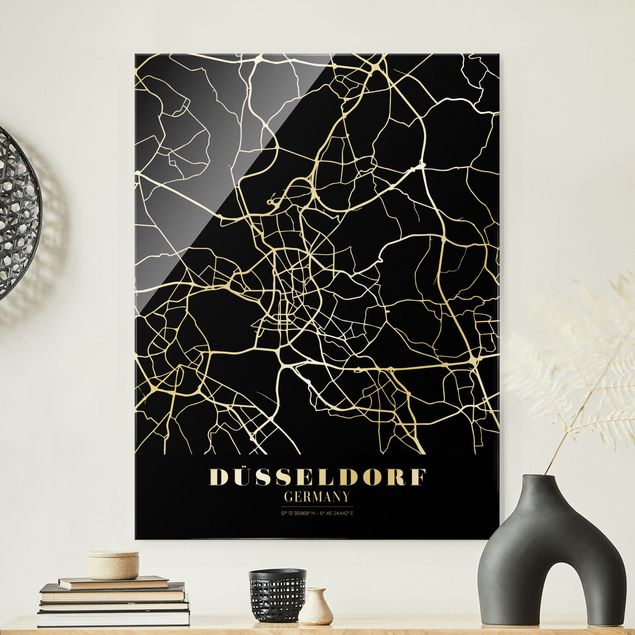 Glas Magnetboard Dusseldorf City Map - Classic Black