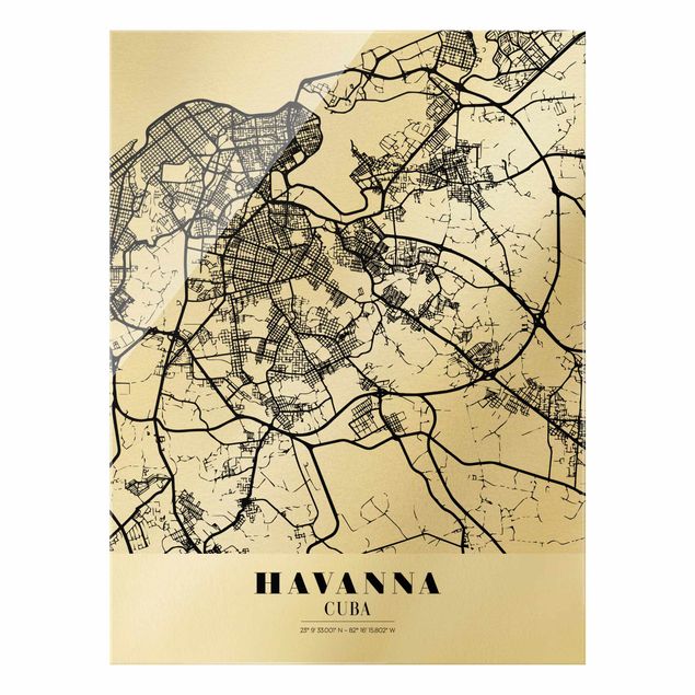 Glasschilderijen Havana City Map - Classic