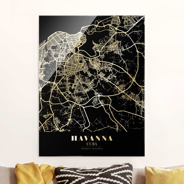 Glas Magnetboard Havana City Map - Classic Black