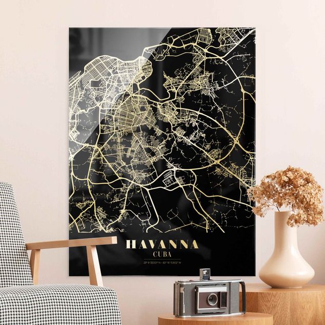 Glasschilderijen Havana City Map - Classic Black