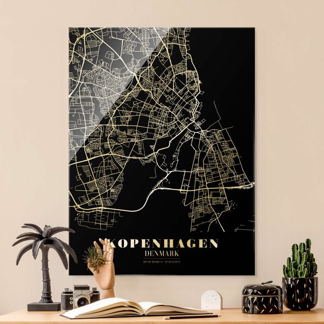 Glasschilderijen Copenhagen City Map - Classic Black