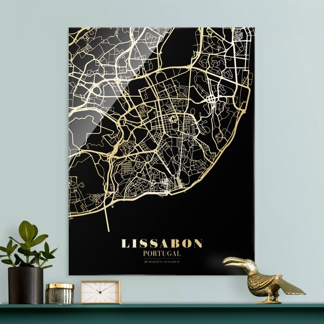 Glasschilderijen Lisbon City Map - Classic Black