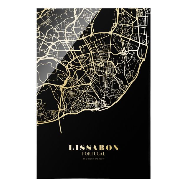 Glasschilderijen Lisbon City Map - Classic Black