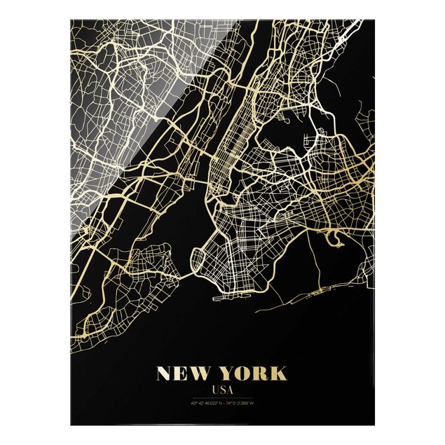 Glasschilderijen New York City Map - Classic Black