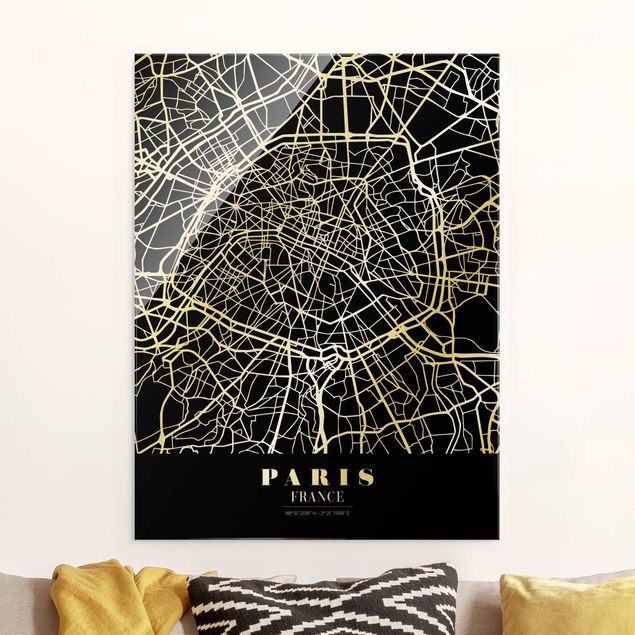 Glas Magnettafel Paris City Map - Classic Black