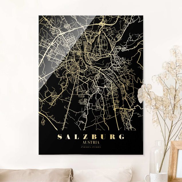 Magnettafel Glas Salzburg City Map - Classic Black