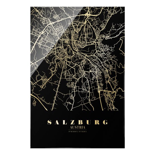Glasschilderijen Salzburg City Map - Classic Black