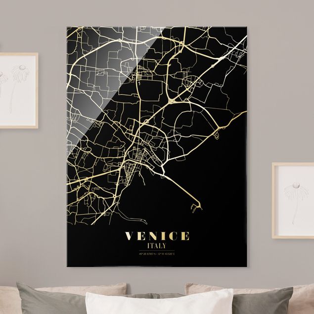Glasschilderijen Venice City Map - Classic Black