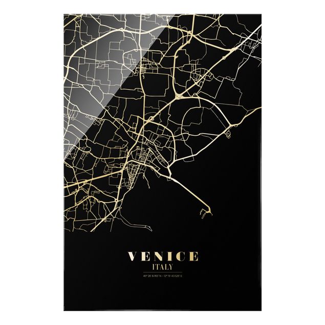 Glasschilderijen Venice City Map - Classic Black
