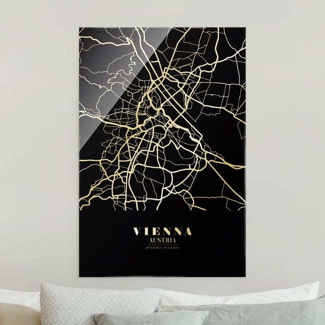 Glasschilderijen Vienna City Map - Classic Black