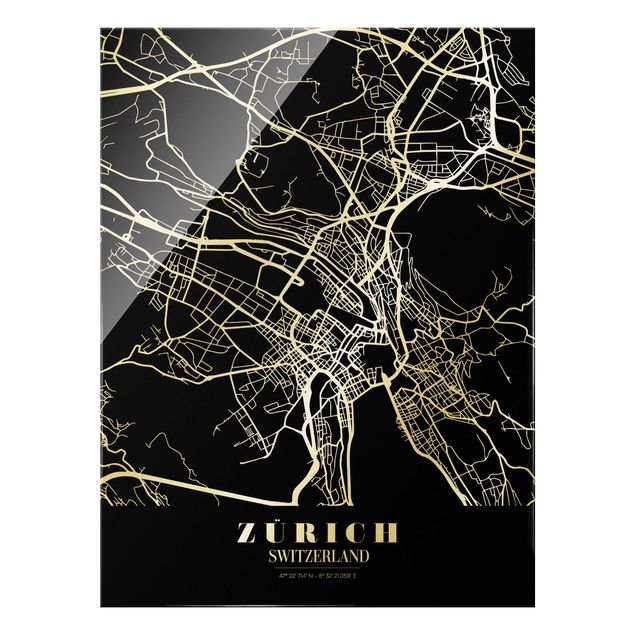 Glasschilderijen Zurich City Map - Classic Black