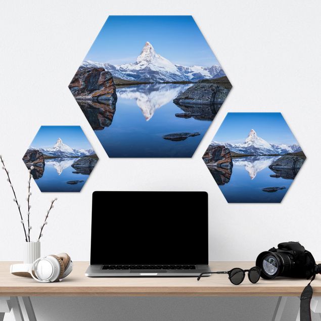 Hexagons Aluminium Dibond schilderijen Stellisee Lake In Front Of The Matterhorn