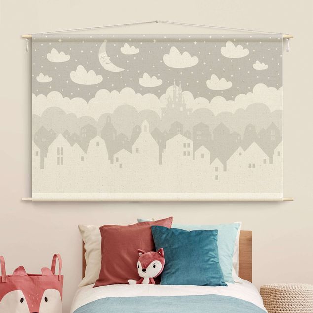 muur tapijt Starry Sky With Houses And Moon In Grey
