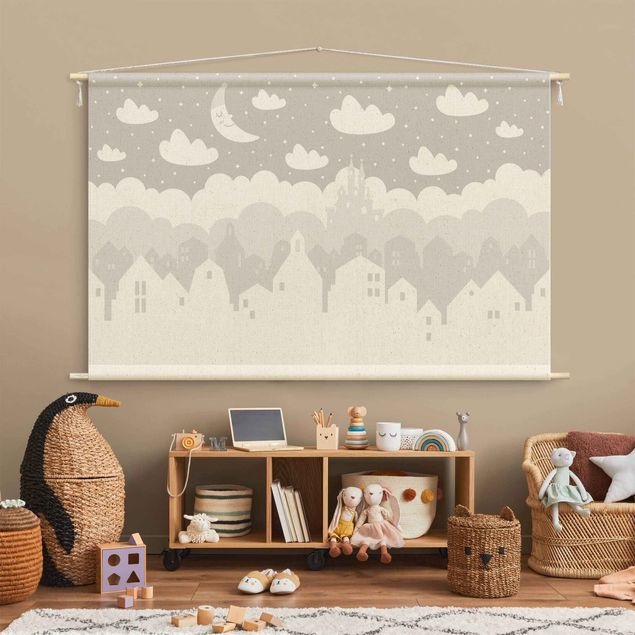 Wandkleed xxl Starry Sky With Houses And Moon In Grey