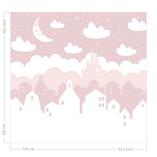 Raamgordijnen Starry Sky With Houses And Moon In Light Pink
