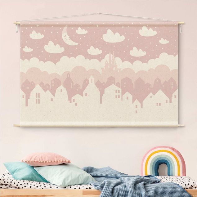 muur tapijt Starry Sky With Houses And Moon In Light Pink
