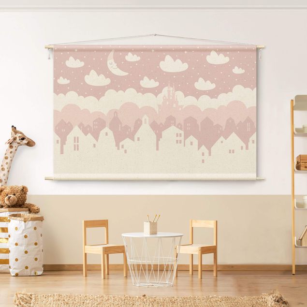 Wandkleed xxl Starry Sky With Houses And Moon In Light Pink