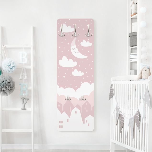 Wandkapstokken houten paneel Starry Sky With Moon Pink