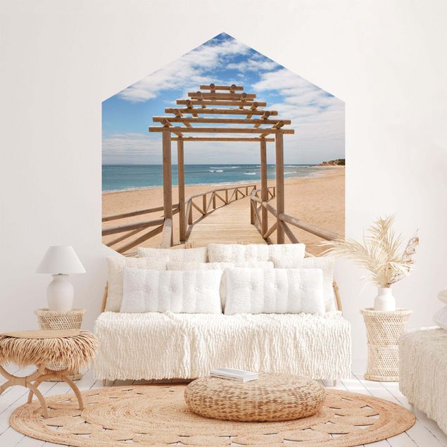 Hexagon Behang Boardwalk To The Ocean In Andalusia