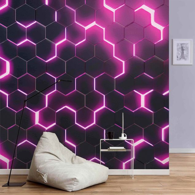 Fotobehang - Structured Hexagons With Neon Light In Pink