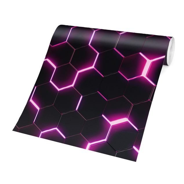 Fotobehang - Structured Hexagons With Neon Light In Pink