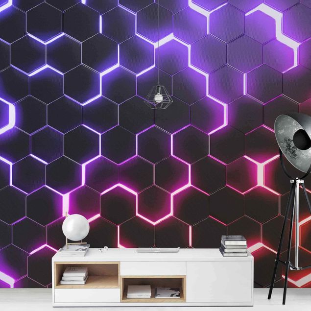 Fotobehang - Structured Hexagons With Neon Light In Pink And Purple