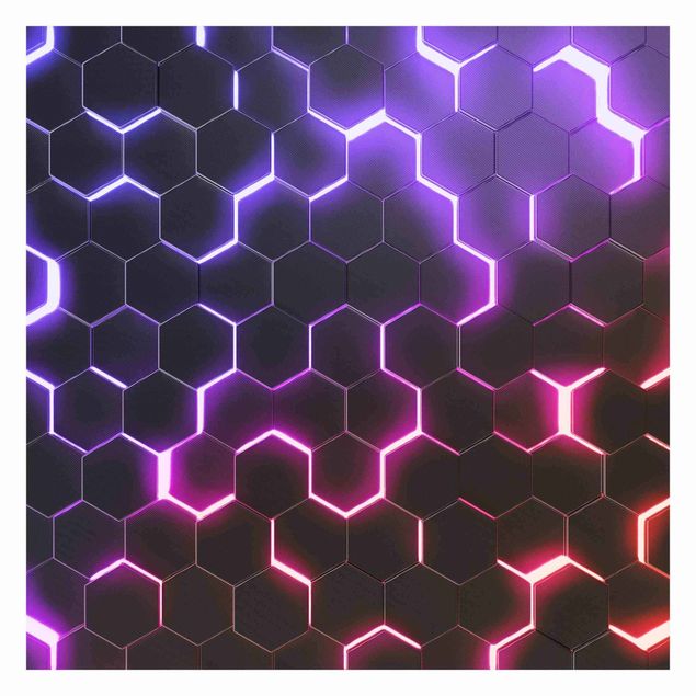 Fotobehang - Structured Hexagons With Neon Light In Pink And Purple