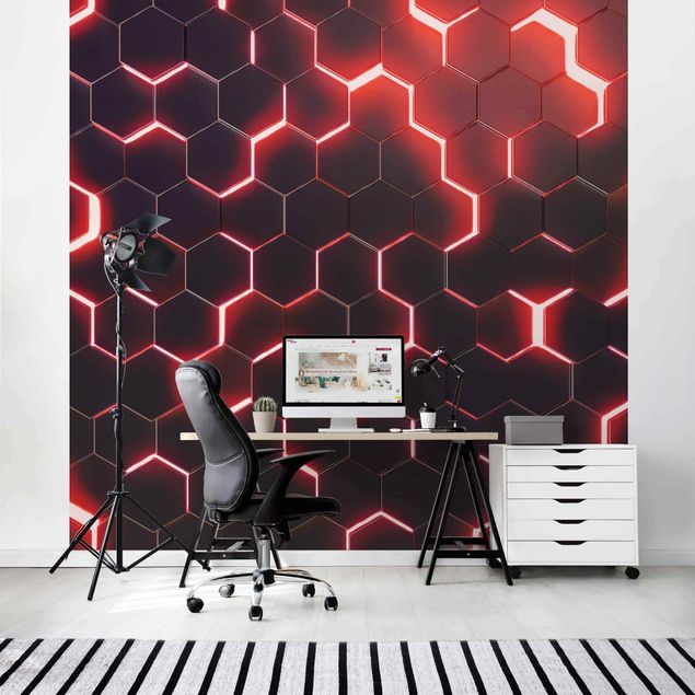 Fotobehang - Structured Hexagons With Neon Light In Red