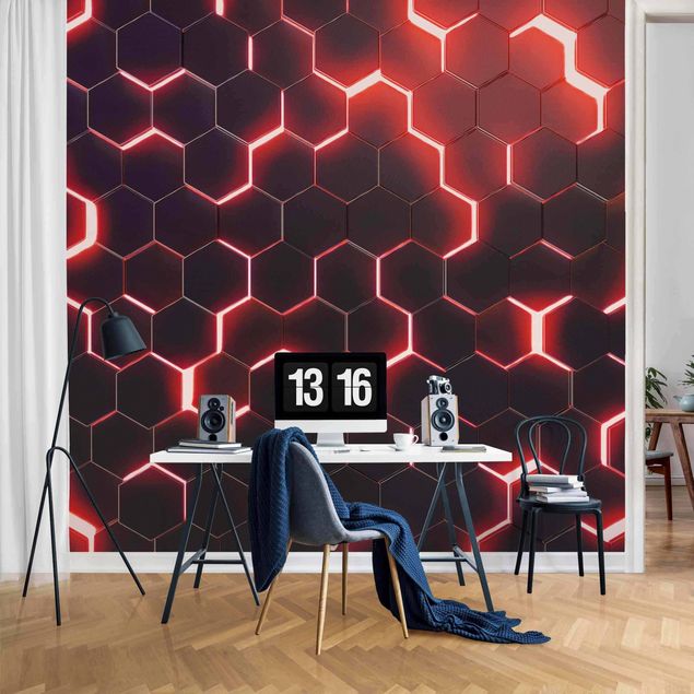 Fotobehang - Structured Hexagons With Neon Light In Red