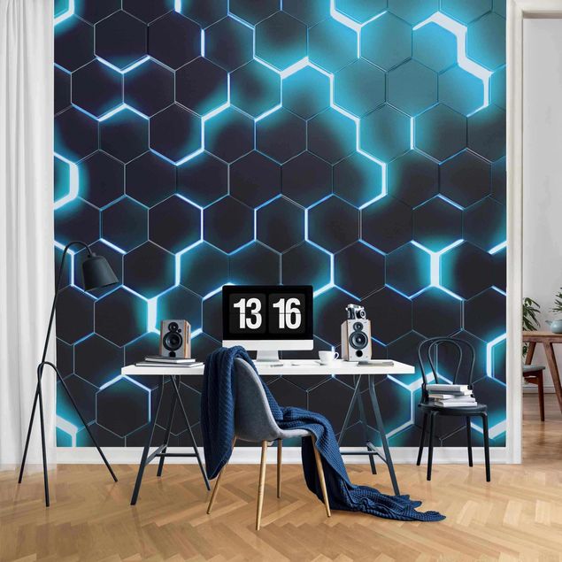 Fotobehang - Structured Hexagons With Neon Light In Turquoise
