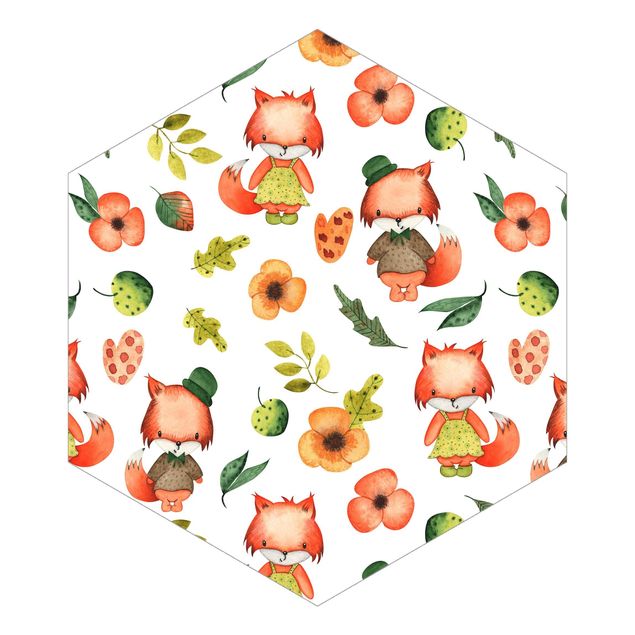 Hexagon Behang Cute Foxes In Watercolour