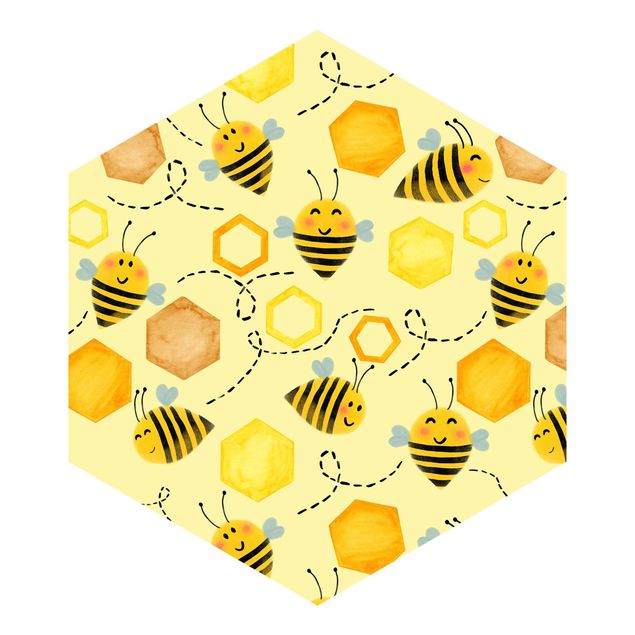Hexagon Behang Sweet Honey With Bees Illustration