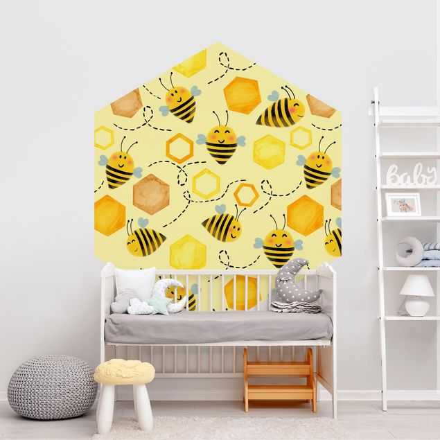 Hexagon Behang Sweet Honey With Bees Illustration