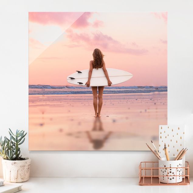 Magnettafel Glas Surfer Girl With Board At Sunset